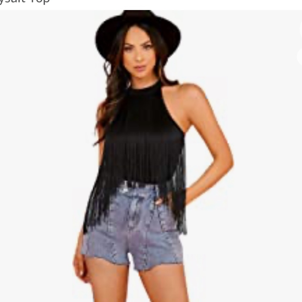 Women's Black Fringe Trim Sleeveless Bodycon Halter
Bodysuit Top